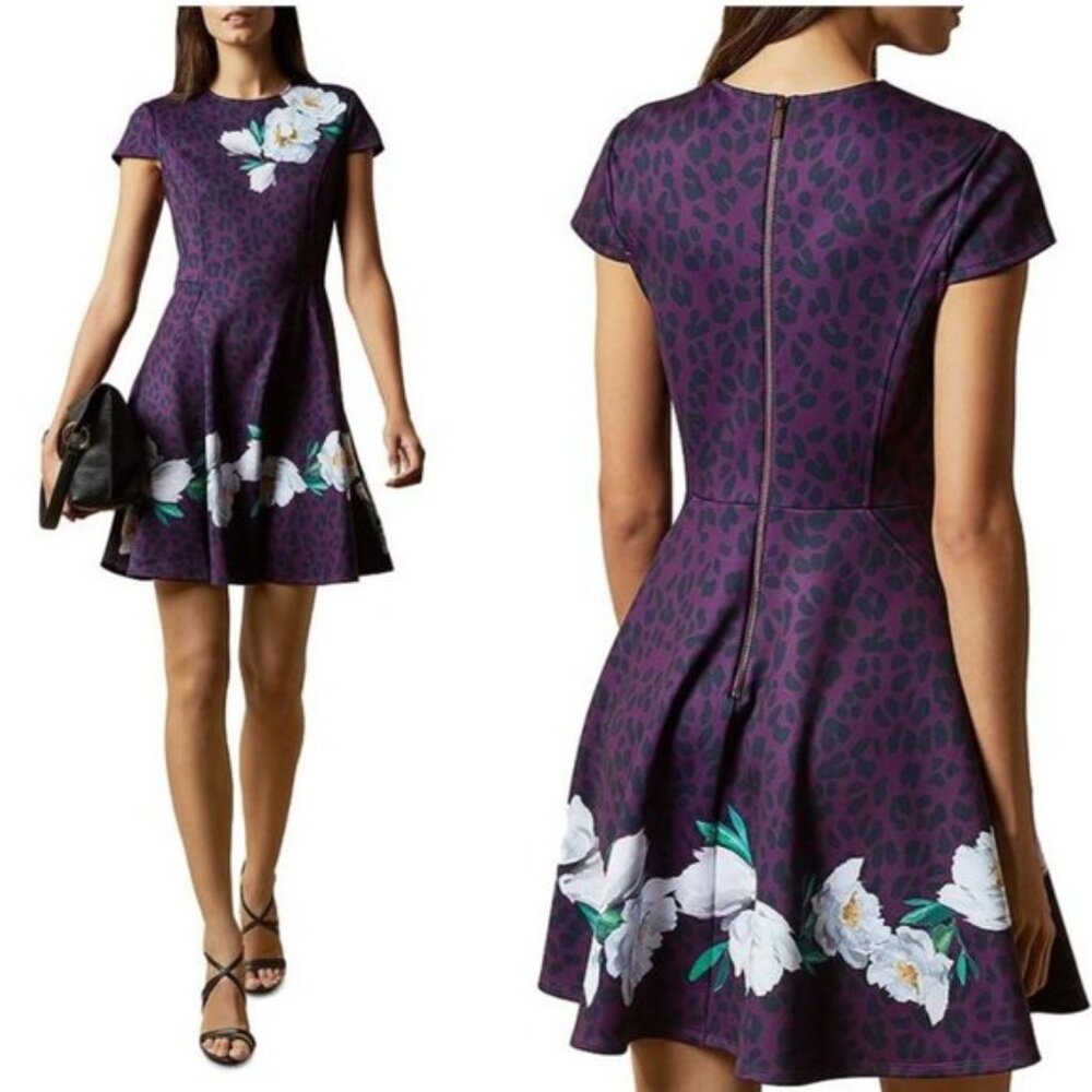 Ted Baker Animal And Floral Print Skater Dress Purple Size XS Size 1 TB